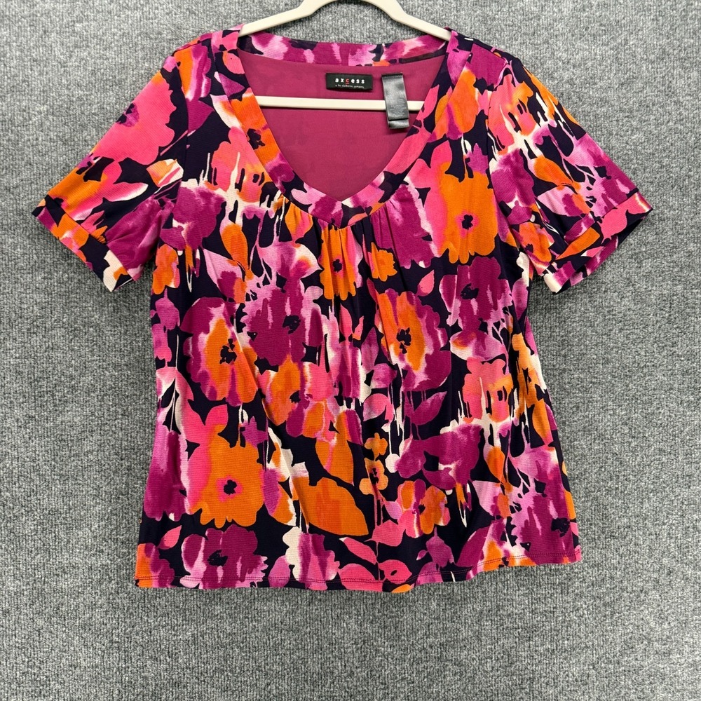 Axcess Blouse Top Womens XL Purple Poppy Floral Mesh V-Neck Short Sleeve Boho